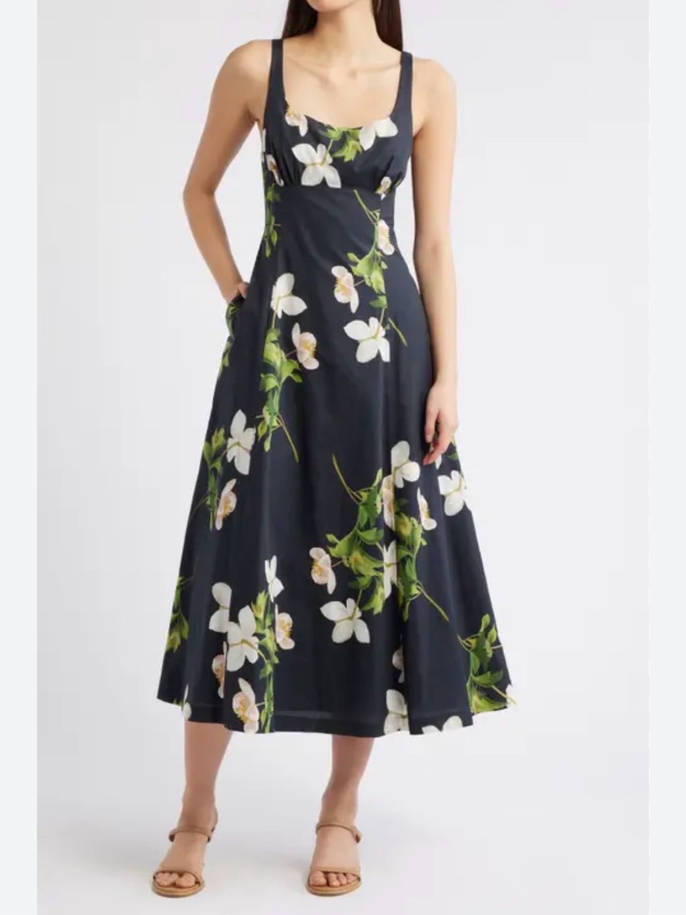 julia jordan Black Midi Dress with White Floral & Green Leaves